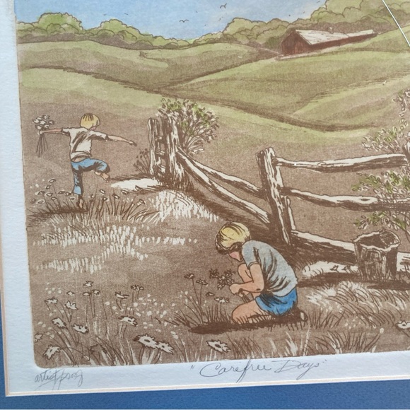 Miriam Ecker "Hand Signed & Etching" "CAREFREE DAYS” CHILDREN FLOWERS BOYS FIELD - Picture 10 of 14